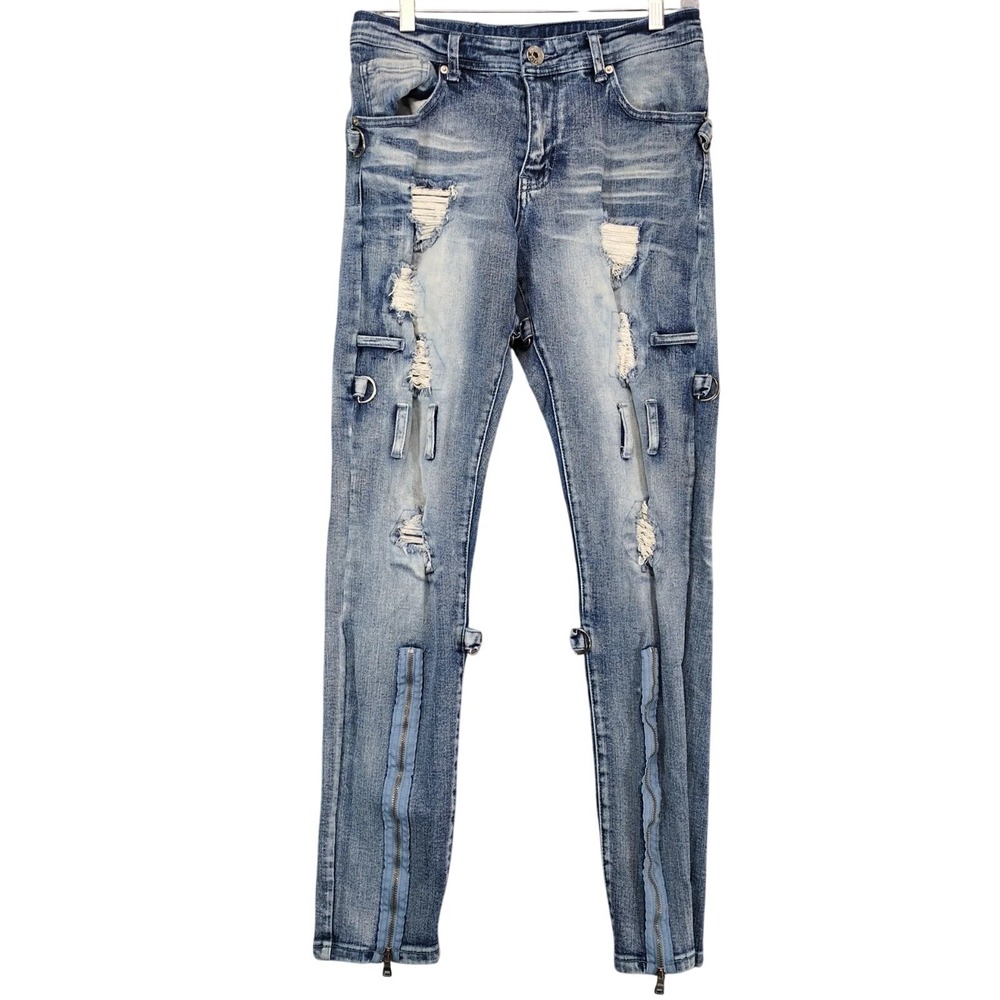 Motive Denim Blue Distressed Zipper Jeans Mens 28x31 D-Rings Punk Streetwear Y2K